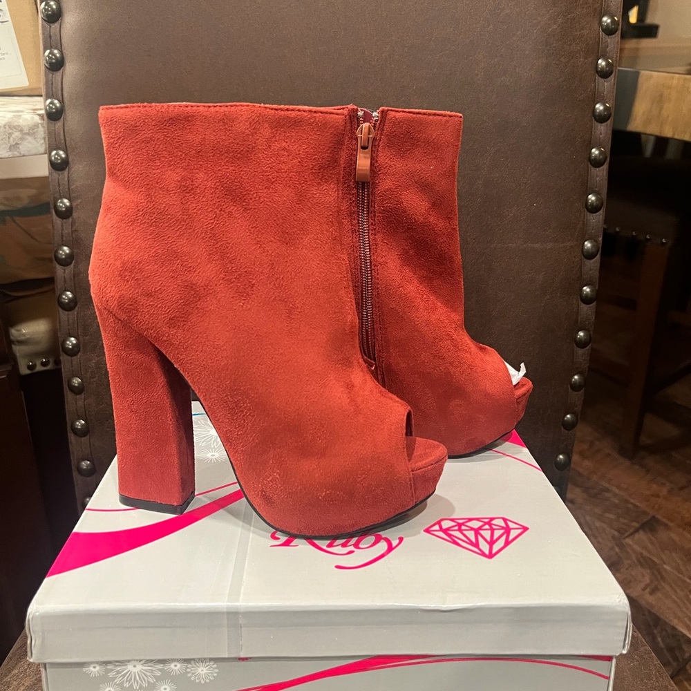 Ruby Rox Red Suede Peep Toe Heeled Boots